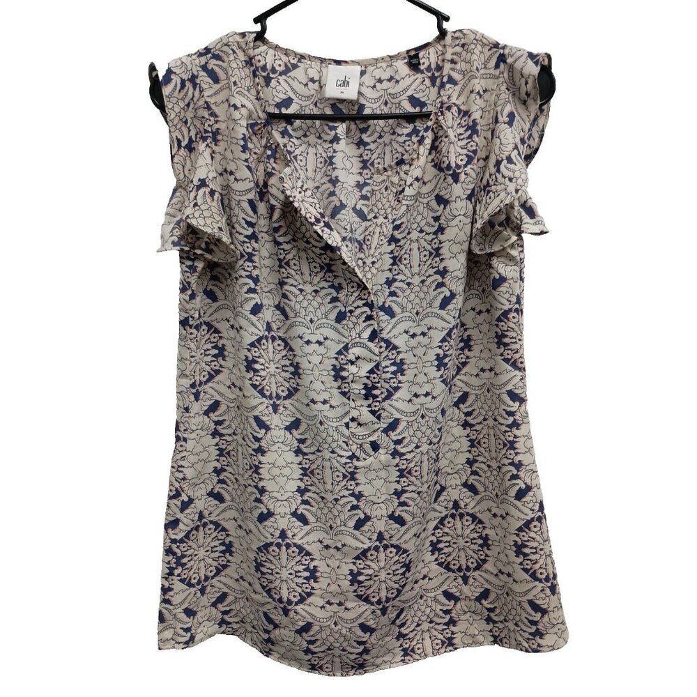 Cabi Women Blouse XS Gray Lilac Damask Print Flutter Sleeve Casual Top #3074